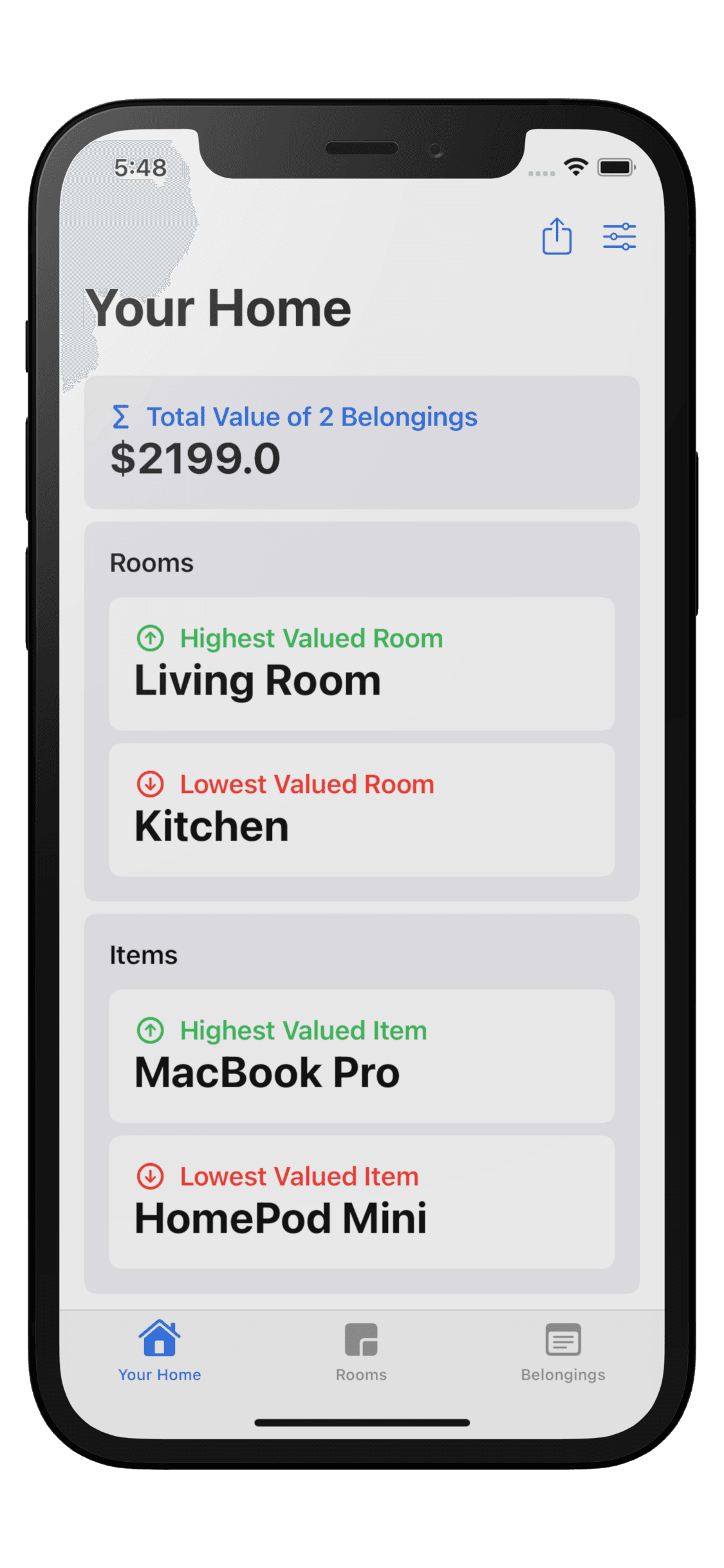 image of the app home inventory dashboard