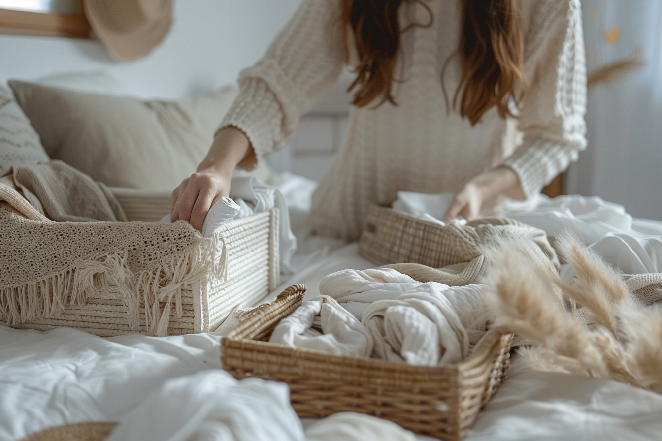 A woman folding on the bed with neatly folded in boxes