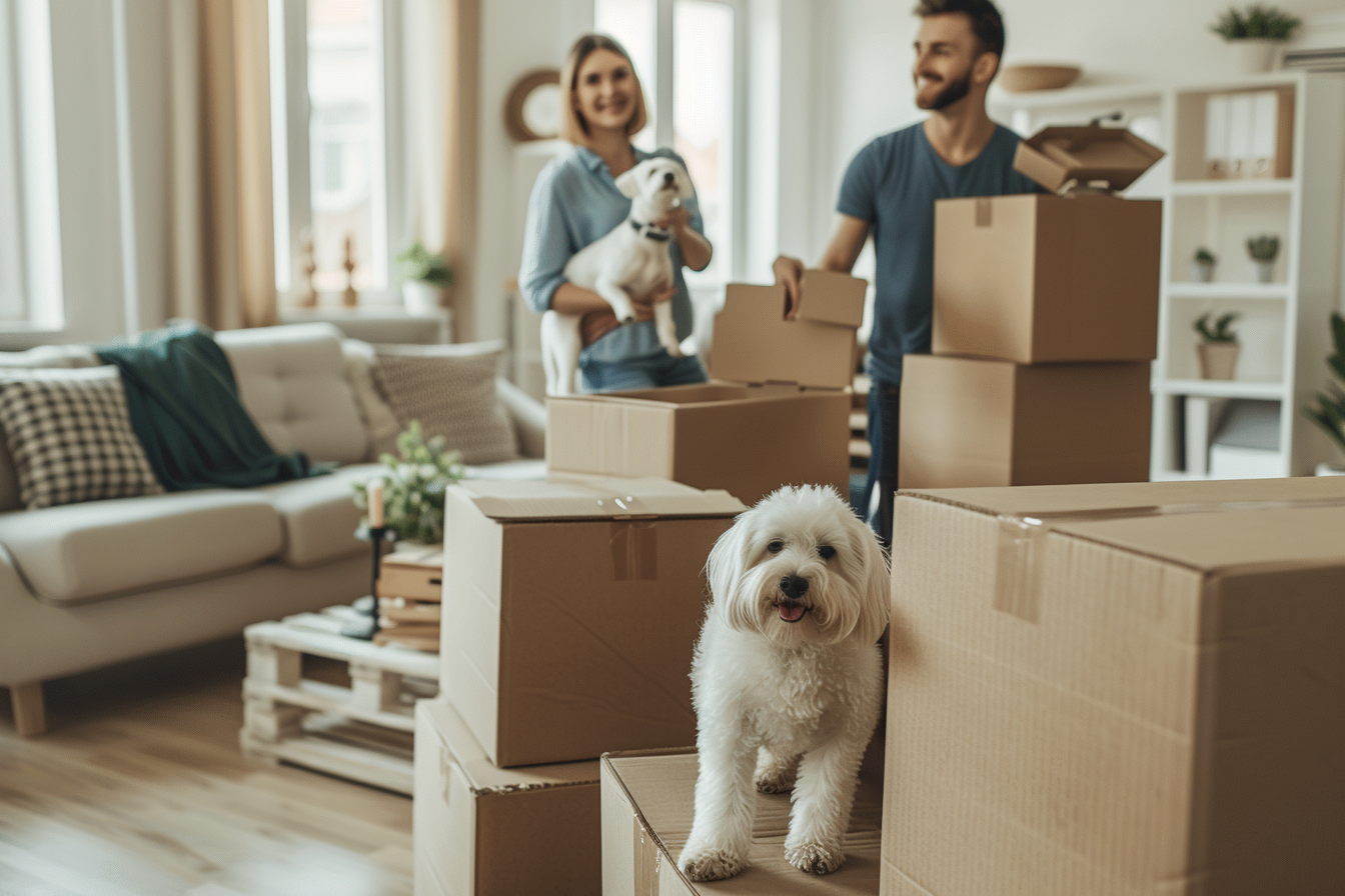 A couple that have just moved home surrounded by boxes and 2 dogs.